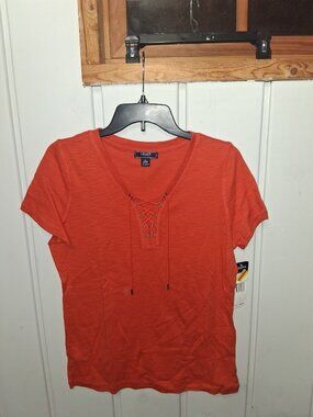 Chaps Denim Lace Up Orange Tee Shirt NWT Sz L